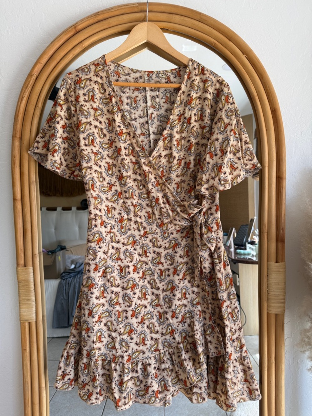 Beige Paisley Wrap Dress with Ruffle Hem
